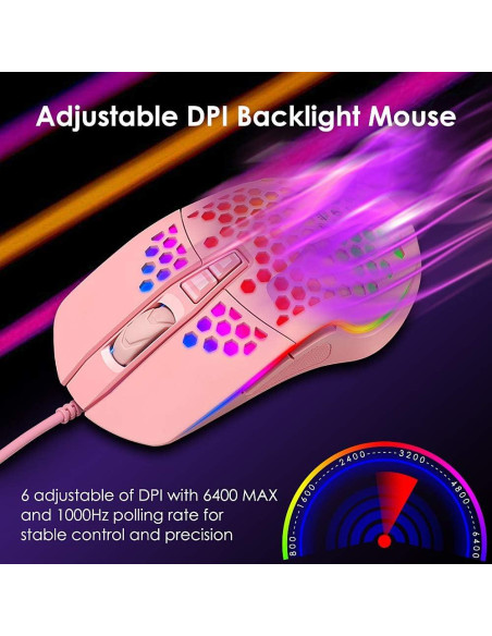 Ratón Gaming Ultraligero LexonElec RGB 6400DPI 7 Botones Rosa Ratón Gaming Ultraligero LexonElec RGB 6400DPI 7 Botones Rosa