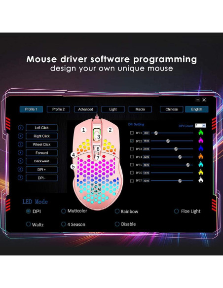 Ratón Gaming Ultraligero LexonElec RGB 6400DPI 7 Botones Rosa Ratón Gaming Ultraligero LexonElec RGB 6400DPI 7 Botones Rosa