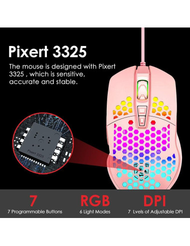 Ratón Gaming Ultraligero LexonElec RGB 6400DPI 7 Botones Rosa