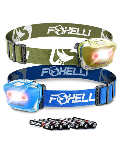 Paquete de 2 Linternas Frontales LED Foxelli - Caqui y Azul, IPX5