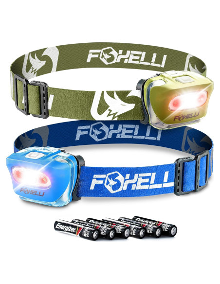 Paquete de 2 Linternas Frontales LED Foxelli - Caqui y Azul, IPX5