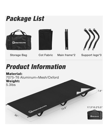 Cama de Camping Plegable WARMOUNTS Ultraligera 330lbs 76.2cm