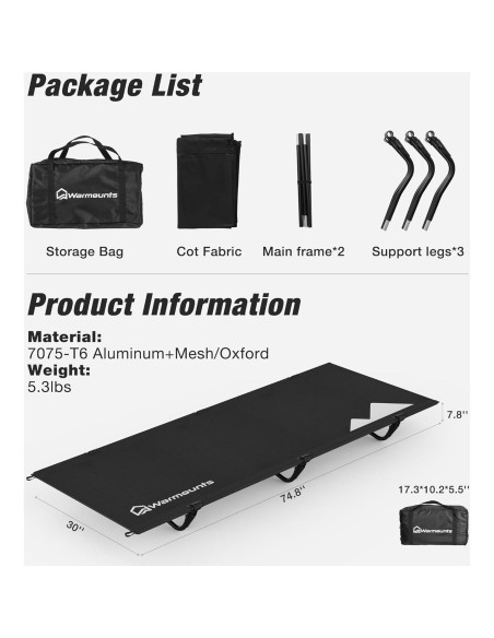 Cama de Camping Plegable WARMOUNTS Ultraligera 330lbs 76.2cm