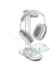 Soporte para Auriculares Acrílico 2 en 1 con Cargador Inalámbrico HEWYIOS