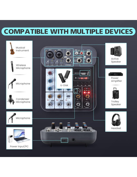 Mezclador de Audio DJ 4 Canales G4B con Bluetooth y USB