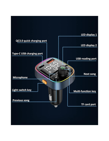 Adaptador Bluetooth para Coche LIHAN C87B, Cargador QC3.0, Llamadas Manos Libres