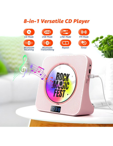 Reproductor de CD Bluetooth ROADOM KC-809 Rosa Hi-Fi 8 en 1