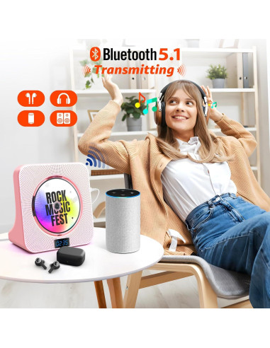 Reproductor de CD Bluetooth ROADOM KC-809 Rosa Hi-Fi 8 en 1