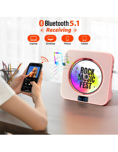 Reproductor de CD Bluetooth ROADOM KC-809 Rosa Hi-Fi 8 en 1