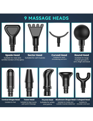 Pistola de Masaje JQX M68CH-001B Portátil 30 Niveles 9 Cabezas