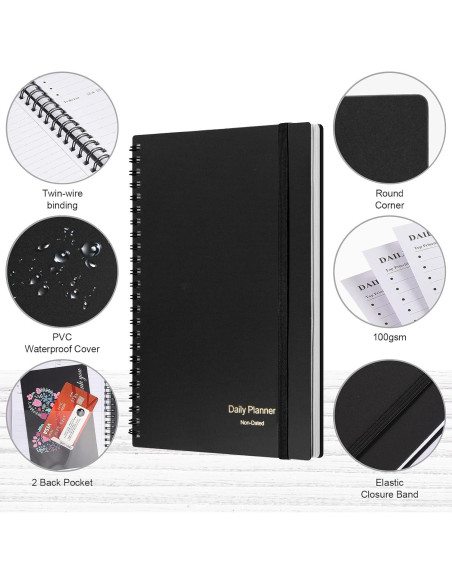 Planificador Diario Sin Fecha Asten A5 Negro con Tapa Dura