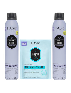 Duo Champú Seco Voluminizador Semilla de Chía HASK 2x121.9g y Acondicionador Argán 49.6g