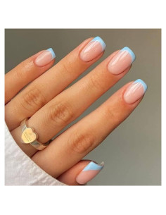 Uñas Postizas Ovaladas RikView Punta Francesa Azul 24 Piezas