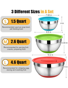 Juego de 3 Tazones de Mezcla P&P CHEF Acero Inoxidable 1.5/2.6/4.6 L 2