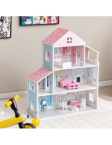 Casa de Muñecas de Madera Costzon 3 Pisos 87 cm con Muebles