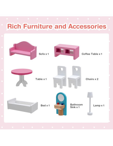 Casa de Muñecas de Madera Costzon 3 Pisos 87 cm con Muebles