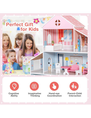 Casa de Muñecas de Madera Costzon 3 Pisos 87 cm con Muebles