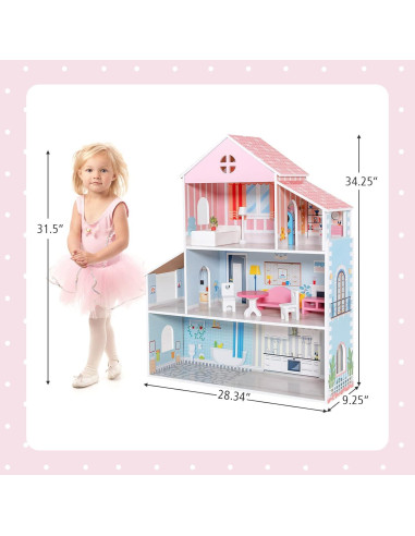 Casa de Muñecas de Madera Costzon 3 Pisos 87 cm con Muebles
