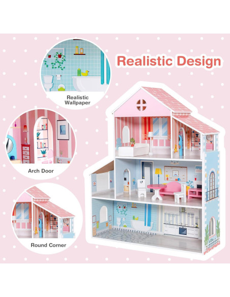 Casa de Muñecas de Madera Costzon 3 Pisos 87 cm con Muebles Casa de Muñecas de Madera Costzon 3 Pisos 87 cm con Muebles
