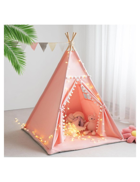 Tienda Teepee para Niños Rosa con Alfombra y Luces Estrella