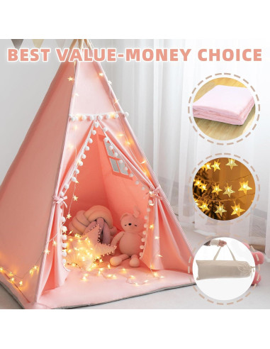 Tienda Teepee para Niños Rosa con Alfombra y Luces Estrella