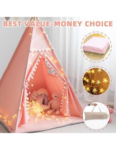 Tienda Teepee para Niños Rosa con Alfombra y Luces Estrella