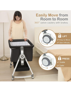 Cuna Lateral 4 en 1 OHFLY Gris Oscuro Plegable con Ruedas 2