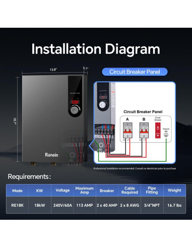 Calentador de Agua Eléctrico Sin Tanque Ranein 18kW 240V LED