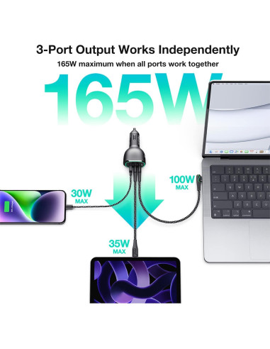 Cargador de Coche WOTOBEUS 165W USB-C PD3.1 Rápido
