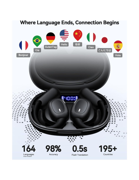 Auriculares Traductores AI Phegittg T68 80H Negro 163 Idiomas