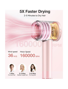Secador de Pelo Iónico Tailulu 160000 RPM Rosa Portátil 2