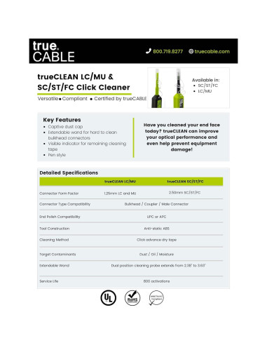 Limpiador de Punta de Fibra Óptica trueCABLE LC/MU 800 Limpiezas