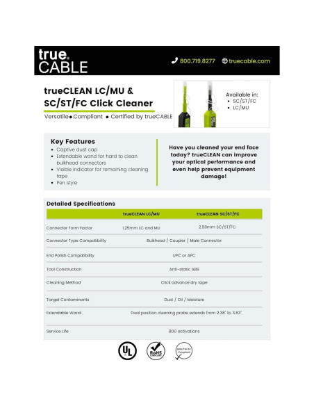 Limpiador de Punta de Fibra Óptica trueCABLE LC/MU 800 Limpiezas