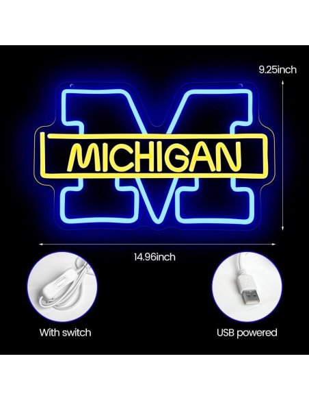 Letrero de neón LED PILOYINDE logo equipo Michigan 44.3x28.8cm Letrero de neón LED PILOYINDE logo equipo Michigan 44.3x28.8cm
