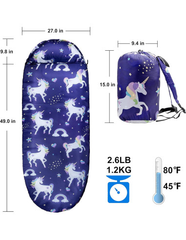 Saco de Dormir para Niñas Rioyalo Unicornio Arcoíris 3 Temporadas