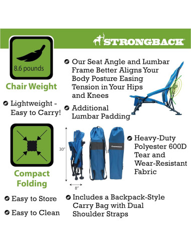 Silla de Playa Plegable STRONGBACK 2.0 con Soporte Lumbar Azul