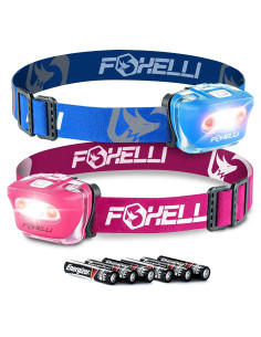 Paquete de 2 Linternas Frontales LED Foxelli - Azul y Rosa, Impermeables