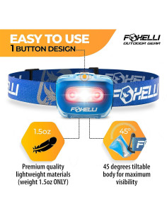 Paquete de 2 Linternas Frontales LED Foxelli - Azul y Rosa, Impermeables 2