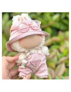 Conjunto de Ropa Rosa para Muñecas Labubu 17cm - Mono, Sombrero, Gafas y Taza