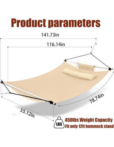Hamaca TegerDeger 12FT Anti-vuelco Beige 204kg con Barra de Hierro