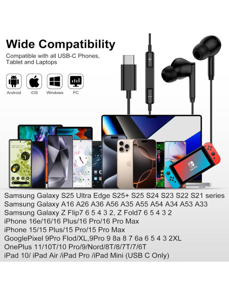 Auriculares USB C Samsung A16 A26 A36 S25 Ultra Estéreo