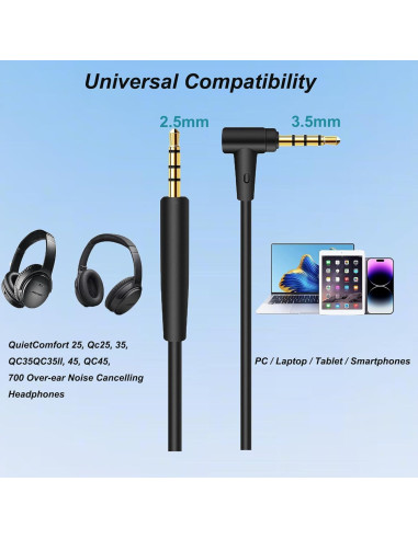 Cable de audio 3.5mm a 2.5mm Minochi para auriculares Bose QC45 QC35