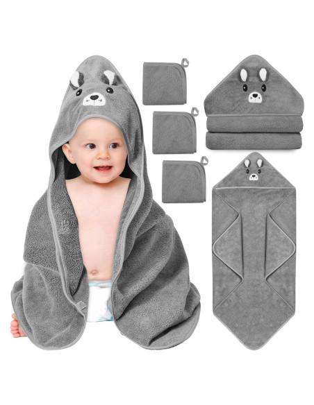 Juego de 4 Toallas con Capucha Sublaga para Bebés Oso Gris
