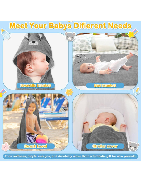 Juego de 4 Toallas con Capucha Sublaga para Bebés Oso Gris