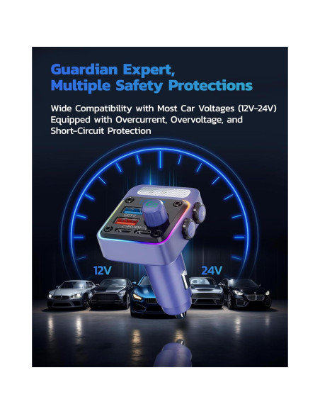 Nulaxy Adaptador Bluetooth 5.3 para Coche 54W 4 Puertos Carga Rápida