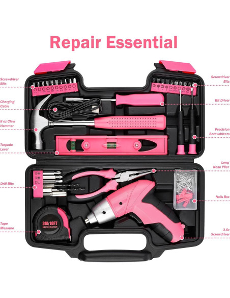 Juego de Herramientas 112PCS con Destornillador Eléctrico 3.6V Rosa
