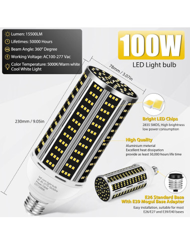 Bombilla LED de maíz YANYCN 100W 14200LM luz diurna 5000K E26/E39