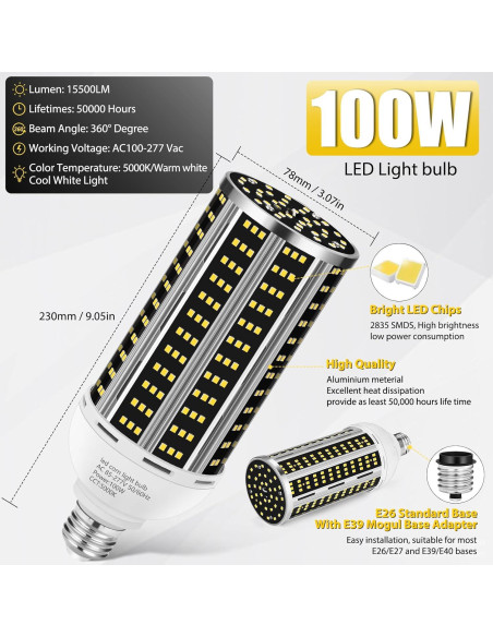 Bombilla LED de maíz YANYCN 100W 14200LM luz diurna 5000K E26/E39