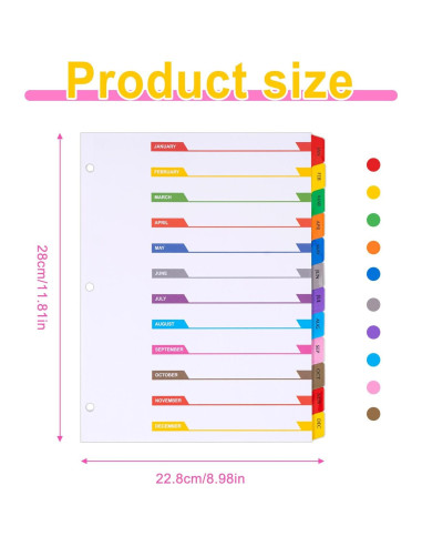 Separadores Mensuales Multicolor LE PAPILLION 12 Pestañas A4