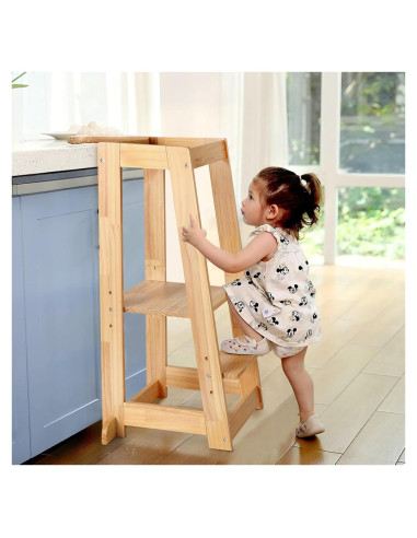 Taburete Ajustable KIDINIX para Niños, Madera Natural, 3 Alturas